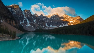 Moraine Lake, Alberta, Canada, Mountain range, Blue Sky, Clouds, Turquoise water, Reflection, Body of Water, Landscape, Scenery, Snow covered, 4K wallpaper