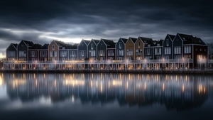 Netherlands, Colorful, Lakeside, Evening sky, Reflection, Scenic, Wooden House, Aesthetic, Dark clouds, 4K wallpaper