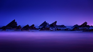 Rocky coast, Aesthetic, Seascape, Purple sky, Landscape, Dusk, Long exposure, Scenic, 4K wallpaper