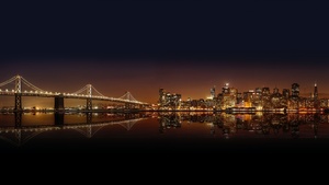 San Francisco-Oakland Bay Bridge, City Skyline, Cityscape, Night time, City lights, Body of Water, Reflection, Skyscrapers, 4K wallpaper