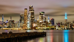 New York City, Illuminated, Skyline, Sunset, Cityscape, City lights, Waterfront, Evening, Dusk, Skyscrapers, Reflection, 4K wallpaper