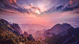 Mountain Peaks, Sunset, Landscape, Cloudy Sky, Aerial view, Scenic, Summit, 4K wallpaper