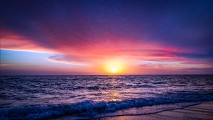 Seascape, Seashore, Sunset, Ocean Waves, Beach, Purple sky, Horizon, Reflection, Coastline, Landscape, Scenery, 4K wallpaper