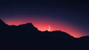 Sunset, Mountain silhouette, Crescent Moon, Night time, Landscape, 4K wallpaper