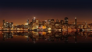 San Francisco City, Skyline, United States, Night time, Cityscape, City lights, Body of Water, Reflection, Skyscrapers, 4K wallpaper