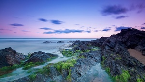 Rocky coast, Beach, Long exposure, Seascape, Horizon, Clouds, Green Moss, Evening sky, 4K wallpaper