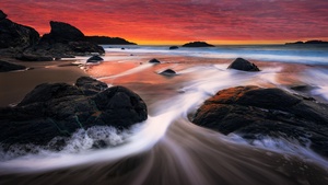 San Francisco, Sunset, Orange sky, Seascape, Long exposure, Ocean, Rocks, Scenery, Landscape, 4K wallpaper
