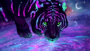 Tiger, Neon, Digital paint, Glowing, 4K wallpaper