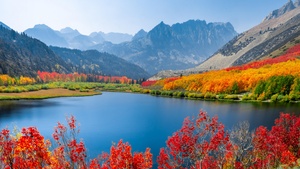 Autumn trees, Lake, Mountain range, Daytime, Landscape, Long exposure, Scenery, Beautiful, 4K wallpaper