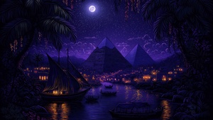 Egyptian Pyramids, Purple aesthetic, Night, Moonlight, Illuminated, Boats, Surrealism, Palm trees, Purple sky, Reflection, 4K wallpaper