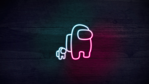 Among Us, Dark aesthetic, Neon logo, Wooden background, Dark background, 4K wallpaper