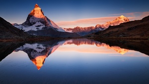 Switzerland, Glacier mountains, Snow covered, Reflection, Alpenglow, Sunset, Clear sky, Landscape, Scenery, 4K wallpaper