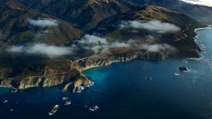 Coastline, macOS Big Sur, Aerial view, Above clouds, Seascape, Mountains, Stock, 4K wallpaper