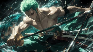 Roronoa Zoro, Muscular, Powerful, Fierce, One Piece, Green aesthetic, Sword, 4K wallpaper