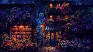 Cozy, Shop, Night illumination, Night sky, Books, Digital Art, Nostalgic, Vintage, AI art, 4K wallpaper