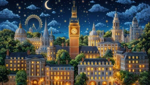 London, Aesthetic, Cityscape, Night City, Night sky, Stars in sky, Crescent Moon, Night illumination, Buildings, AI art, United Kingdom, England, Europe, Urban, Tourist attraction, 4K wallpaper