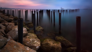 Rocky coast, Sunrise, Early Morning, Seascape, Long exposure, Horizon, Pattern, Boats, Body of Water, 4K wallpaper
