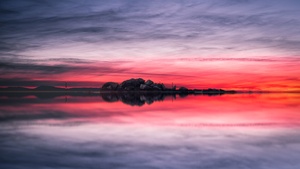 Sunset, Rocks, Lake, Red Sky, Landscape, Scenery, Body of Water, Reflection, Evening, Cloudy Sky, Horizon, 4K wallpaper