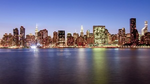 New York City, Night illumination, Cityscape, City lights, Skyline, Night time, Body of Water, Reflection, Long exposure, Dusk, Skyscrapers, Clear sky, 4K wallpaper