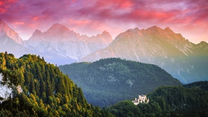 Germany, Landscape, Mountain range, Neuschwanstein Castle, Aerial view, Pink sky, Sunset, Scenery, Green Trees, 4K wallpaper