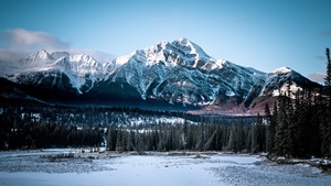 Jasper National Park, Alberta, Canada, Winter, Glacier mountains, Rocky Mountains, Mountain range, Blue Sky, Landscape, Scenery, Snow covered, 4K wallpaper