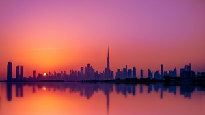 Dubai City, Skyline, Silhouette, Cityscape, Sunset, Burj Khalifa, Purple sky, Body of Water, Reflection, Skyscrapers, Dusk, United Arab Emirates, 4K wallpaper