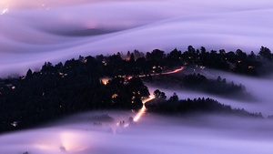Mountain Peak, California, USA, Aerial view, Fog, Long exposure, Landscape, Light trails, 4K wallpaper