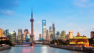 Oriental Pearl Tower, Shanghai, China, Cityscape, City lights, Skyscrapers, Skyline, Body of Water, Blue Sky, Tourist attraction, Landmark, 4K wallpaper