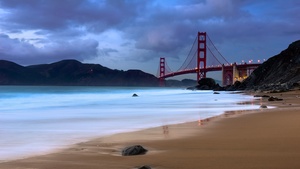 Golden Gate Bridge, Evening, Coastline, San Francisco, Baker Beach, California, Long exposure, Metal structure, Cloudy, Landmark, 4K wallpaper