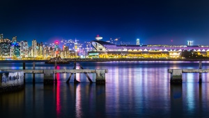 Hong Kong, Victoria Harbour, Cityscape, City lights, Night time, Dark blue, Long exposure, Body of Water, Reflection, Skyscrapers, 4K wallpaper