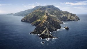 macOS Catalina, Morning, Mountains, Island, Foggy, Stock, 4K wallpaper