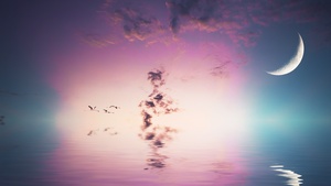 Crescent Moon, Flying birds, Body of Water, Reflection, Clouds, Sea, 4K wallpaper