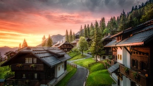 Wooden House, Sunrise, Landscape, Austria, Morning sun, Green Trees, Greenery, Cloudy, Scenery, 4K wallpaper