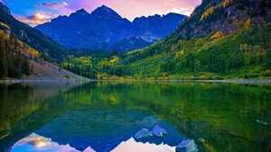 Rocky Mountains, Lake, Green Trees, Reflection, Purple sky, Sunset, Beautiful, Landscape, 4K wallpaper