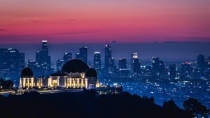 Los Angeles, California, Sunrise, Pink sky, Dawn, Cityscape, City lights, Skyline, Skyscrapers, 4K wallpaper