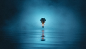 Hot air balloon, Foggy night, Misty, Reflections, Serene, Aesthetic, Minimalist, Atmospheric, 4K wallpaper