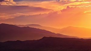 Sunset, Mountain range, Silhouette, Landscape, Orange sky, Clouds, Sun light, 4K wallpaper
