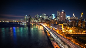 Manhattan Skyline, Night City, Cityscape, Brooklyn Bridge, City lights, New York, Light trails, Long exposure, Stars, Night sky, Skyscrapers, Body of Water, 4K wallpaper