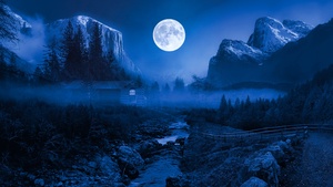 Twilight Moon, Night time, Landscape, Forest, Wooden House, Adventure, Water Stream, Mountain, 4K wallpaper