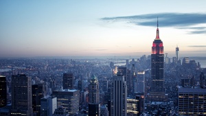 New York City, Sunset, Cityscape, City Skyline, Dusk, Skyscrapers, Aerial view, City lights, 4K wallpaper