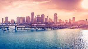 Florida, City Skyline, Cityscape, Skyscrapers, Body of Water, Sunset, Pink sky, 4K wallpaper