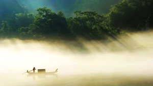 Misty, Forest, Green Trees, Silhouette, Countryside, Fishing boat, Landscape, China, Scenery, Lake, 4K wallpaper