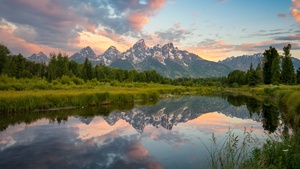 Grand Teton National Park, USA, Glacier mountains, Snow covered, Landscape, Mirror Lake, Reflection, Scenery, Green Trees, 4K wallpaper