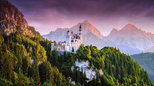 Neuschwanstein Castle, Germany, Ancient architecture, Mountain range, Sunset, Forest, Green Trees, Landscape, Scenic, Cloudy Sky, 4K wallpaper