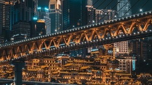 China, City Skyline, Skyscrapers, Night time, City lights, Bridge, 4K wallpaper