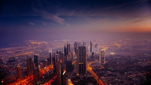 Dubai City Skyline, Cityscape, Aerial view, Skyscrapers, High rise building, Sunrise, Dawn, City lights, 4K wallpaper