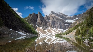 Canada, Mountains, Blue Sky, Snow covered, White Clouds, Reflection, Landscape, Scenery, 4K wallpaper