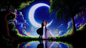 Anime couple, Kiss, Romantic kiss, Crescent Moon, Reflection, Dreamy, Magical, 4K wallpaper