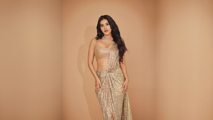 Nabha Natesh, Saree, Indian actress, Golden background, 4K wallpaper