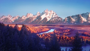 Grand Teton National Park, Wyoming, USA, Sunrise, Glacier mountains, Blue Sky, Snow covered, Mountain range, Landscape, Scenery, Aesthetic, 4K wallpaper